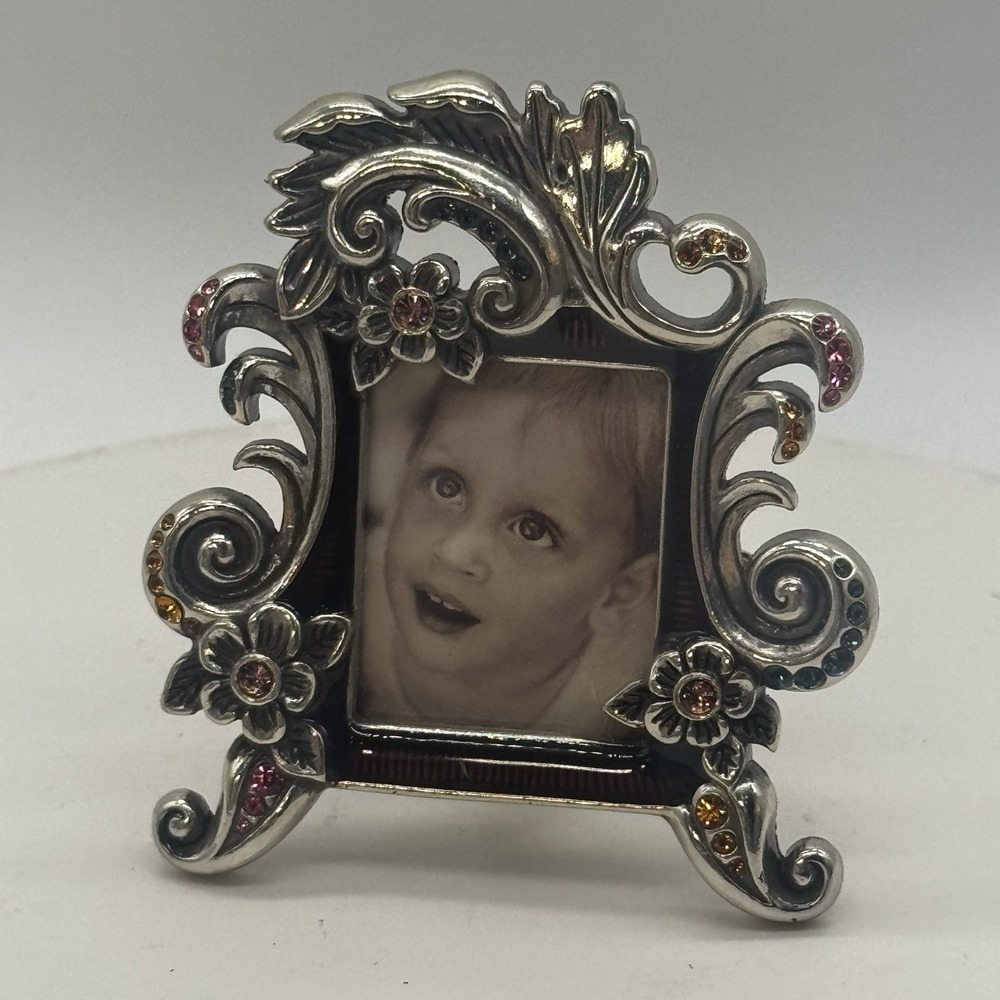 Brighton Ornate Jeweled Silver Metal Photo Frame Rectangle Victorian Vtg Taiwan